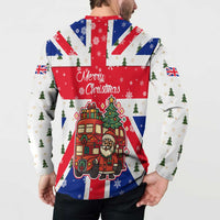 England Christmas Button Sweatshirt with Red White Blue Santa Bus Tree and Three Lions Design - Wonder Print Shop