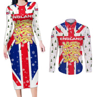 England Christmas Couples Matching Long Sleeve Bodycon Dress and Long Sleeve Button Shirt with Red White Blue Santa Bus Tree and Three Lions Design - Wonder Print Shop