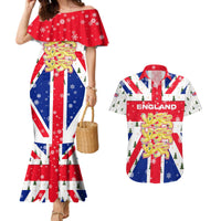England Christmas Couples Matching Mermaid Dress and Hawaiian Shirt with Red White Blue Santa Bus Tree and Three Lions Design - Wonder Print Shop
