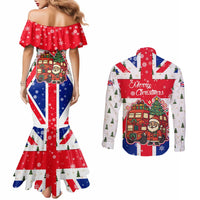 England Christmas Couples Matching Mermaid Dress and Long Sleeve Button Shirt with Red White Blue Santa Bus Tree and Three Lions Design - Wonder Print Shop