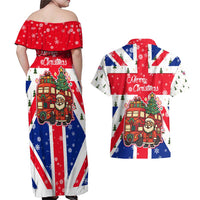 England Christmas Couples Matching Off Shoulder Maxi Dress and Hawaiian Shirt with Red White Blue Santa Bus Tree and Three Lions Design - undefined