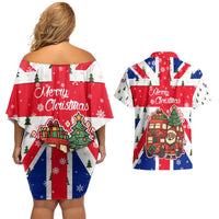 England Christmas Couples Matching Off Shoulder Short Dress and Hawaiian Shirt with Red White Blue Santa Bus Tree and Three Lions Design - Wonder Print Shop