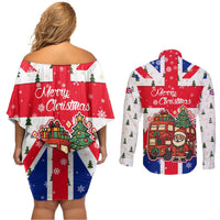 England Christmas Couples Matching Off Shoulder Short Dress and Long Sleeve Button Shirt with Red White Blue Santa Bus Tree and Three Lions Design - Wonder Print Shop