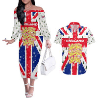 England Christmas Couples Matching Off The Shoulder Long Sleeve Dress and Hawaiian Shirt with Red White Blue Santa Bus Tree and Three Lions Design - Wonder Print Shop
