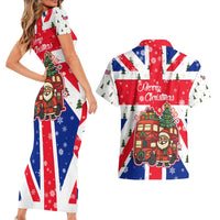 England Christmas Couples Matching Short Sleeve Bodycon Dress and Hawaiian Shirt with Red White Blue Santa Bus Tree and Three Lions Design - Wonder Print Shop