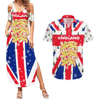 England Christmas Couples Matching Summer Maxi Dress and Hawaiian Shirt with Red White Blue Santa Bus Tree and Three Lions Design - Wonder Print Shop