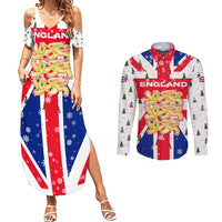 England Christmas Couples Matching Summer Maxi Dress and Long Sleeve Button Shirt with Red White Blue Santa Bus Tree and Three Lions Design - Wonder Print Shop