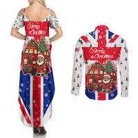 England Christmas Couples Matching Summer Maxi Dress and Long Sleeve Button Shirt with Red White Blue Santa Bus Tree and Three Lions Design - Wonder Print Shop