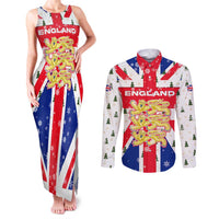 England Christmas Couples Matching Tank Maxi Dress and Long Sleeve Button Shirt with Red White Blue Santa Bus Tree and Three Lions Design - Wonder Print Shop