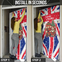 England Christmas Door Cover with Red White Blue Santa Bus Tree and Three Lions Design - Wonder Print Shop