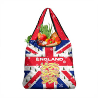 England Christmas Grocery Bag with Red White Blue Santa Bus Tree and Three Lions Design - Wonder Print Shop