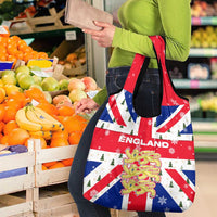 England Christmas Grocery Bag with Red White Blue Santa Bus Tree and Three Lions Design - Wonder Print Shop