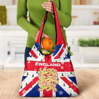 England Christmas Grocery Bag with Red White Blue Santa Bus Tree and Three Lions Design - Wonder Print Shop