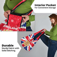 England Christmas Grocery Bag with Red White Blue Santa Bus Tree and Three Lions Design - Wonder Print Shop