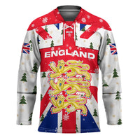 England Christmas Hockey Jersey with Red White Blue Santa Bus Tree and Three Lions Design - Wonder Print Shop