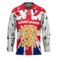 England Christmas Hockey Jersey with Red White Blue Santa Bus Tree and Three Lions Design - Wonder Print Shop