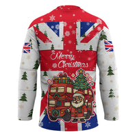 England Christmas Hockey Jersey with Red White Blue Santa Bus Tree and Three Lions Design - Wonder Print Shop