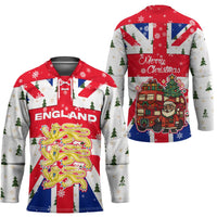 England Christmas Hockey Jersey with Red White Blue Santa Bus Tree and Three Lions Design - Wonder Print Shop