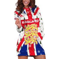 England Christmas Hoodie Dress with Red White Blue Santa Bus Tree and Three Lions Design - Wonder Print Shop