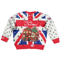 England Christmas Kid Ugly Christmas Sweater with Red White Blue Santa Bus Tree and Three Lions Design - Wonder Print Shop