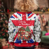 England Christmas Kid Ugly Christmas Sweater with Red White Blue Santa Bus Tree and Three Lions Design - Wonder Print Shop