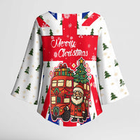England Christmas Kimono Sleeve Blouse with Red White Blue Santa Bus Tree and Three Lions Design - Wonder Print Shop