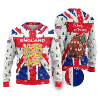 England Christmas Ugly Christmas Sweater with Red White Blue Santa Bus Tree and Three Lions Design - Wonder Print Shop
