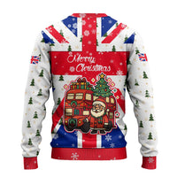 England Christmas Ugly Christmas Sweater with Red White Blue Santa Bus Tree and Three Lions Design - Wonder Print Shop