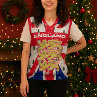 England Christmas Knitted V-Neck Vest with Red White Blue Santa Bus Tree and Three Lions Design - Wonder Print Shop