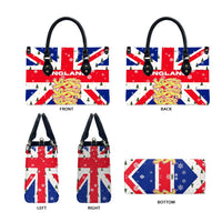 England Christmas Leather Bag with Red White Blue Santa Bus Tree and Three Lions Design - Wonder Print Shop