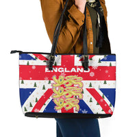 England Christmas Leather Tote Bag with Red White Blue Santa Bus Tree and Three Lions Design - Wonder Print Shop