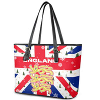 England Christmas Leather Tote Bag with Red White Blue Santa Bus Tree and Three Lions Design - Wonder Print Shop