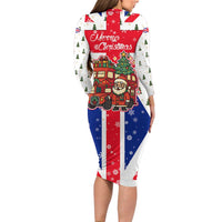 England Christmas Long Sleeve Bodycon Dress with Red White Blue Santa Bus Tree and Three Lions Design - Wonder Print Shop