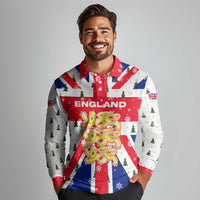 England Christmas Long Sleeve Polo Shirt with Red White Blue Santa Bus Tree and Three Lions Design - Wonder Print Shop