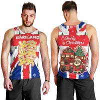 England Christmas Men Tank Top with Red White Blue Santa Bus Tree and Three Lions Design - Wonder Print Shop
