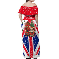 England Christmas Off Shoulder Maxi Dress with Red White Blue Santa Bus Tree and Three Lions Design - Wonder Print Shop