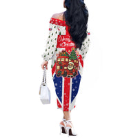 England Christmas Off The Shoulder Long Sleeve Dress with Red White Blue Santa Bus Tree and Three Lions Design - Wonder Print Shop