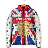 England Christmas Padded Jacket with Red White Blue Santa Bus Tree and Three Lions Design - Wonder Print Shop