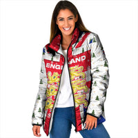 England Christmas Padded Jacket with Red White Blue Santa Bus Tree and Three Lions Design - Wonder Print Shop