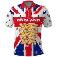 England Christmas Polo Shirt with Red White Blue Santa Bus Tree and Three Lions Design - Wonder Print Shop