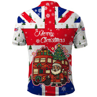 England Christmas Polo Shirt with Red White Blue Santa Bus Tree and Three Lions Design - Wonder Print Shop