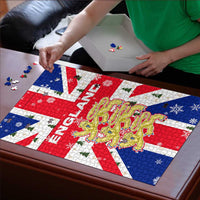 England Christmas Puzzle with Red White Blue Santa Bus Tree and Three Lions Design - Wonder Print Shop