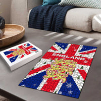 England Christmas Puzzle with Red White Blue Santa Bus Tree and Three Lions Design - Wonder Print Shop