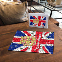 England Christmas Puzzle with Red White Blue Santa Bus Tree and Three Lions Design - Wonder Print Shop