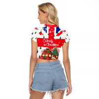 England Christmas Raglan Cropped T Shirt with Red White Blue Santa Bus Tree and Three Lions Design - Wonder Print Shop