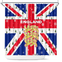England Christmas Shower Curtain with Red White Blue Santa Bus Tree and Three Lions Design - Wonder Print Shop