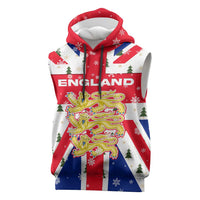 England Christmas Sleeveless Hoodie with Red White Blue Santa Bus Tree and Three Lions Design - Wonder Print Shop