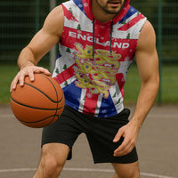 England Christmas Sleeveless Hoodie with Red White Blue Santa Bus Tree and Three Lions Design - Wonder Print Shop