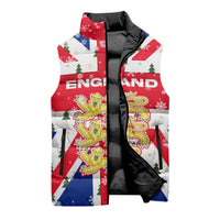 England Christmas Sleeveless Puffer Jacket with Red White Blue Santa Bus Tree and Three Lions Design - Wonder Print Shop