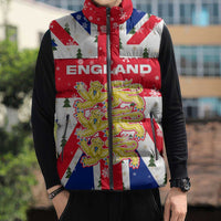 England Christmas Sleeveless Puffer Jacket with Red White Blue Santa Bus Tree and Three Lions Design - Wonder Print Shop